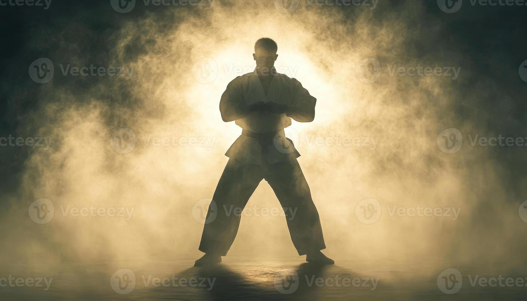Martial artist silhouette in smoky background, showcasing strength and focus. dramatic lighting enhances intensity of moment, creating powerful visual impact photo