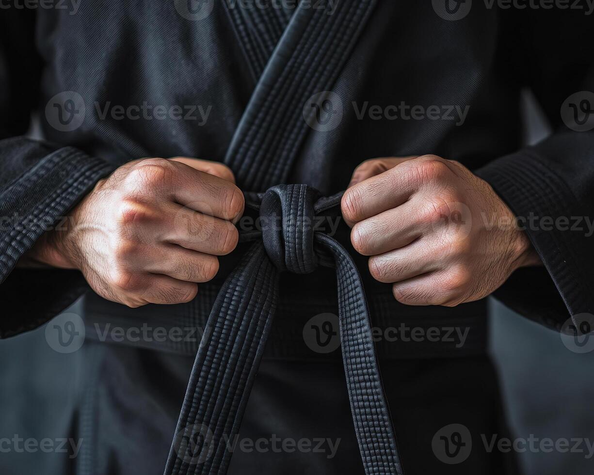 focused individual tying black belt in martial arts gi, showcasing determination and skill. hands are prominently featured, emphasizing importance of ritual photo