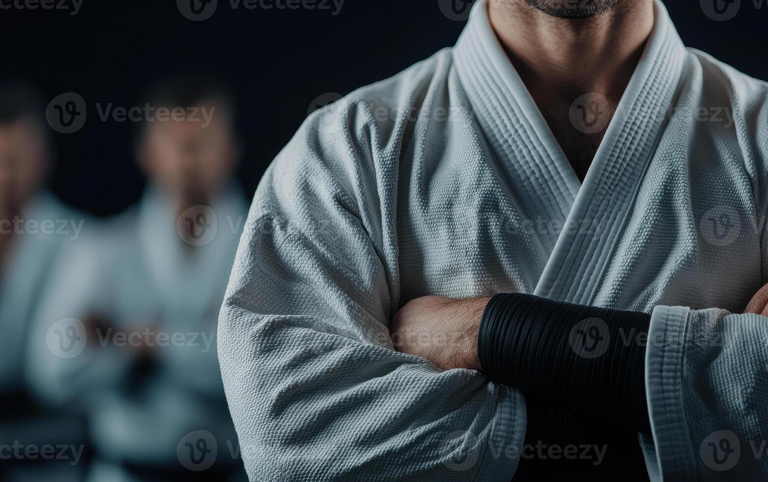 Focused martial artist in white gi with crossed arms, preparing for jiu jitsu tournament. blurred background features other practitioners, emphasizing dedication and discipline photo
