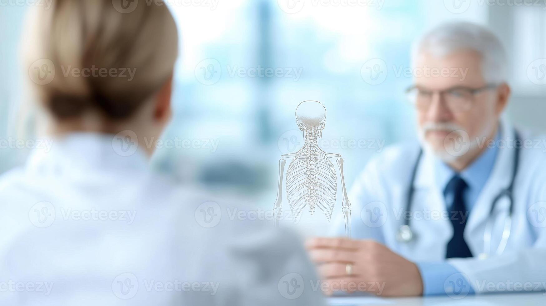 Senior couple discussing medical options with doctor, focusing on health. doctor explains using skeletal model, emphasizing importance of understanding anatomy photo