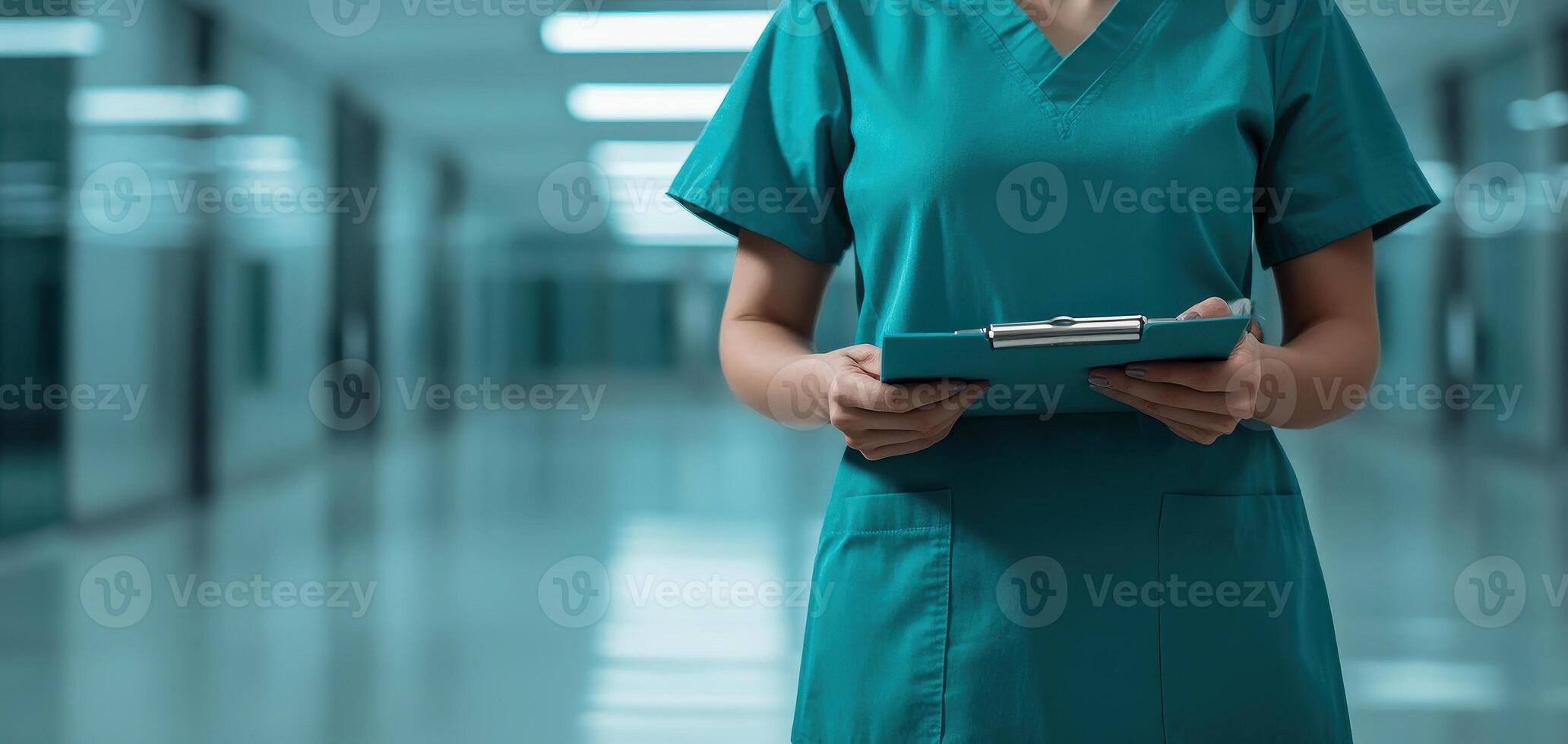 Healthcare worker in scrubs holding clipboard in hospital corridor, conveying professionalism and care. blurred background emphasizes focus on worker photo