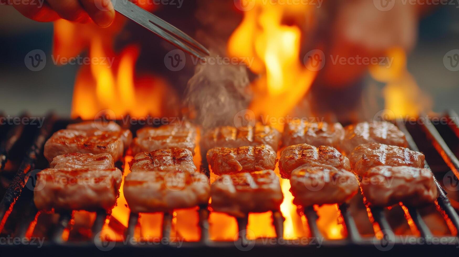 Grilling delicious meat over open flame creates vibrant and lively atmosphere. sizzling sound and smoky aroma enhance outdoor dining experience, perfect for gatherings photo