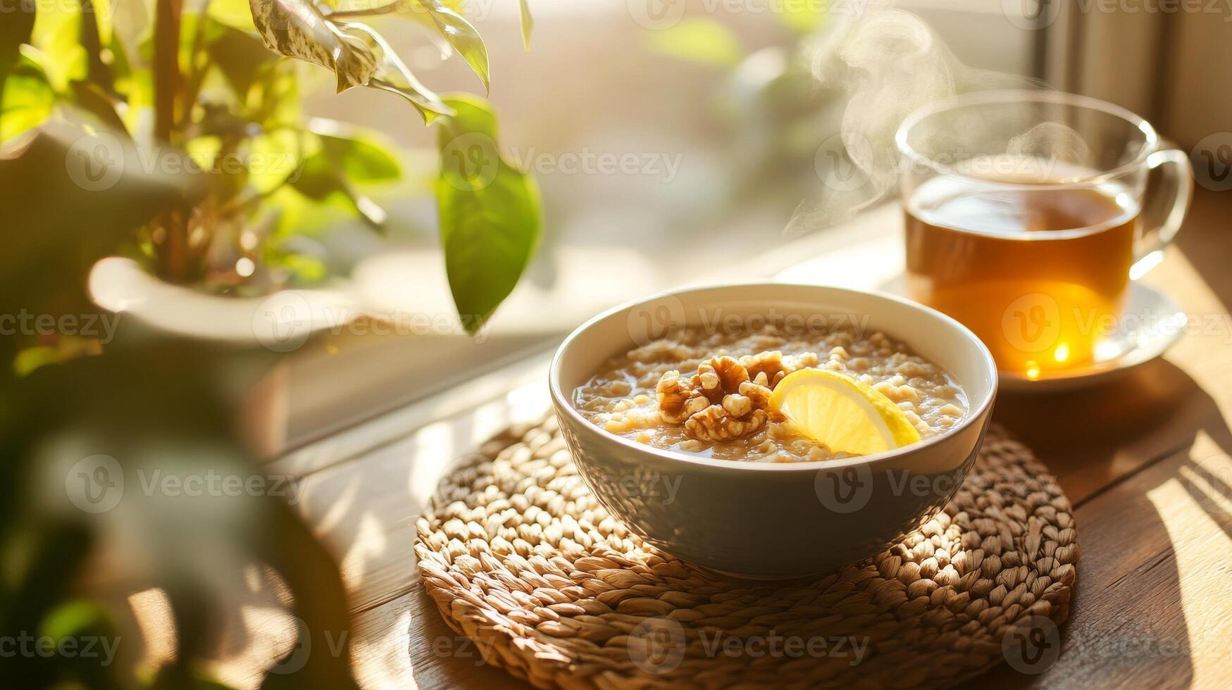 Warm bowl of oatmeal with lemon and walnuts beside a cup of tea on a sunny morning photo