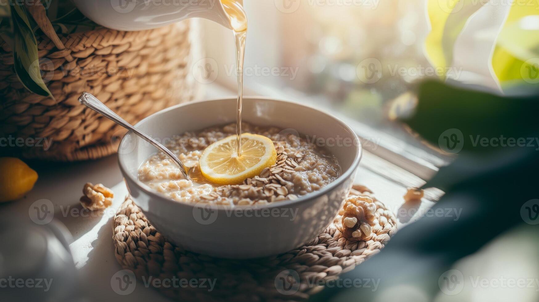 Morning routine featuring a bowl of oatmeal with lemon and nuts by the sunny window photo