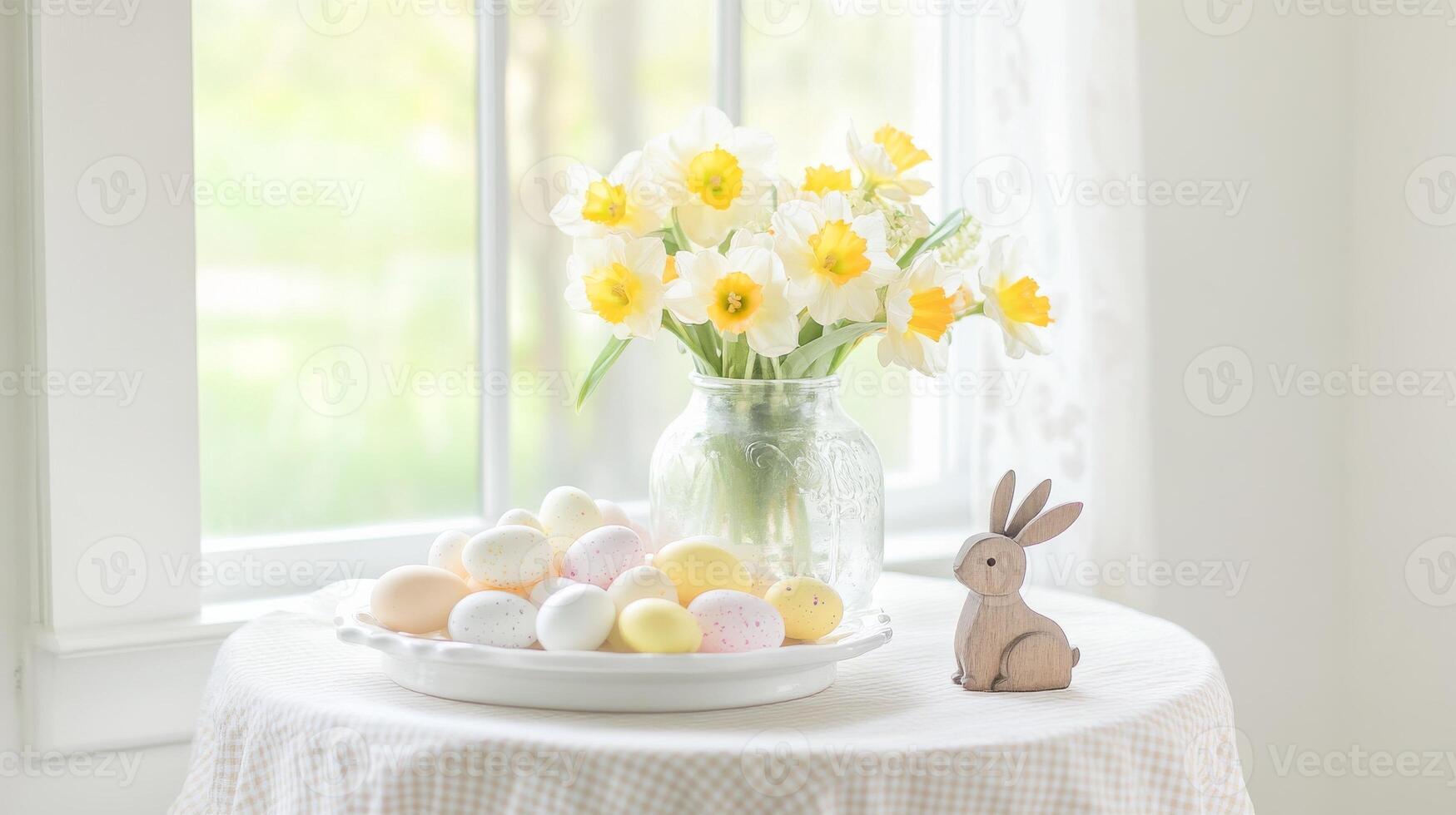 Colorful Easter eggs and daffodils arranged on a table near a window brighten up a spring morning photo