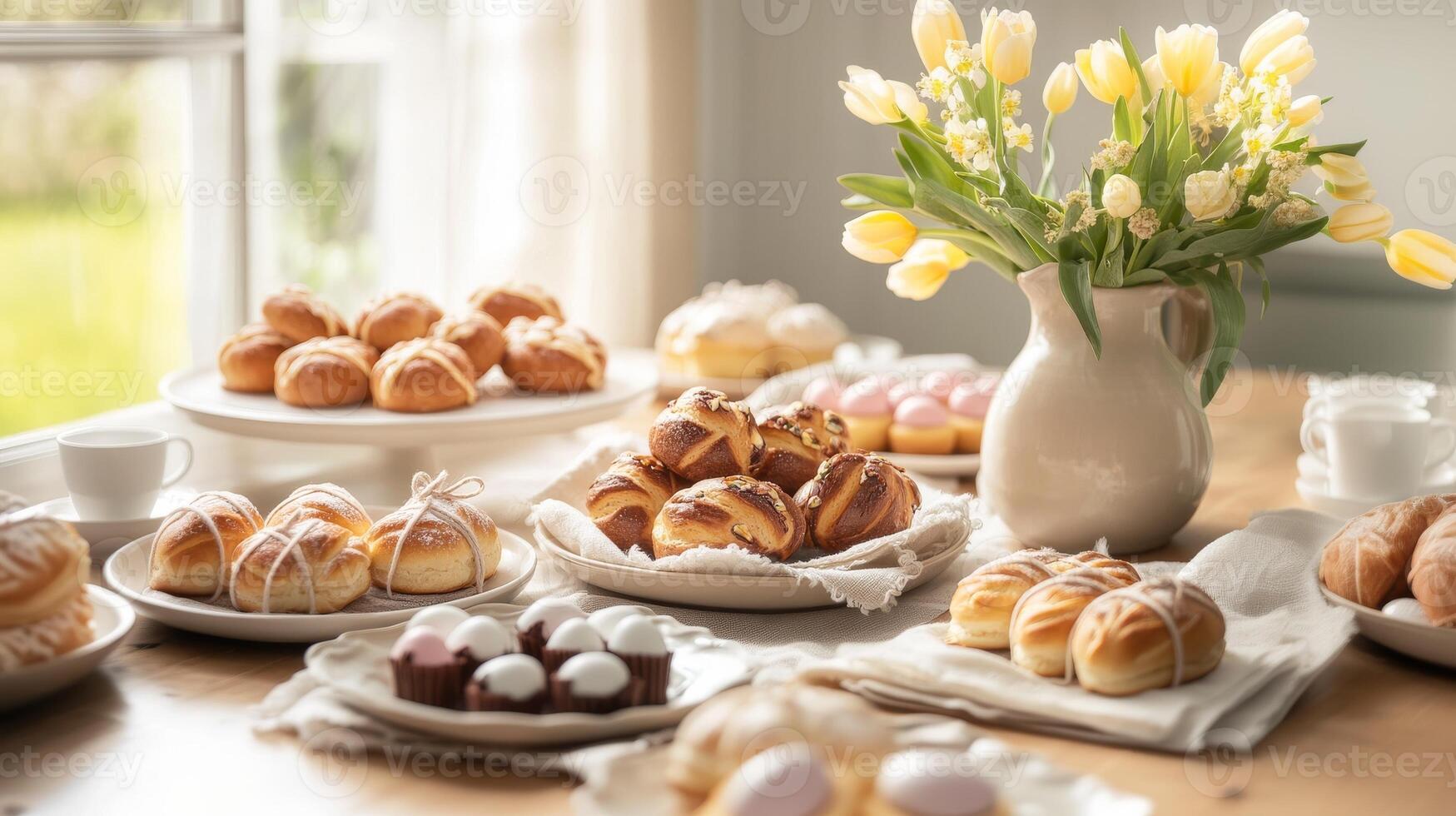 Delightful pastry spread with flowers on a sunny table showcasing various baked goods and treats photo