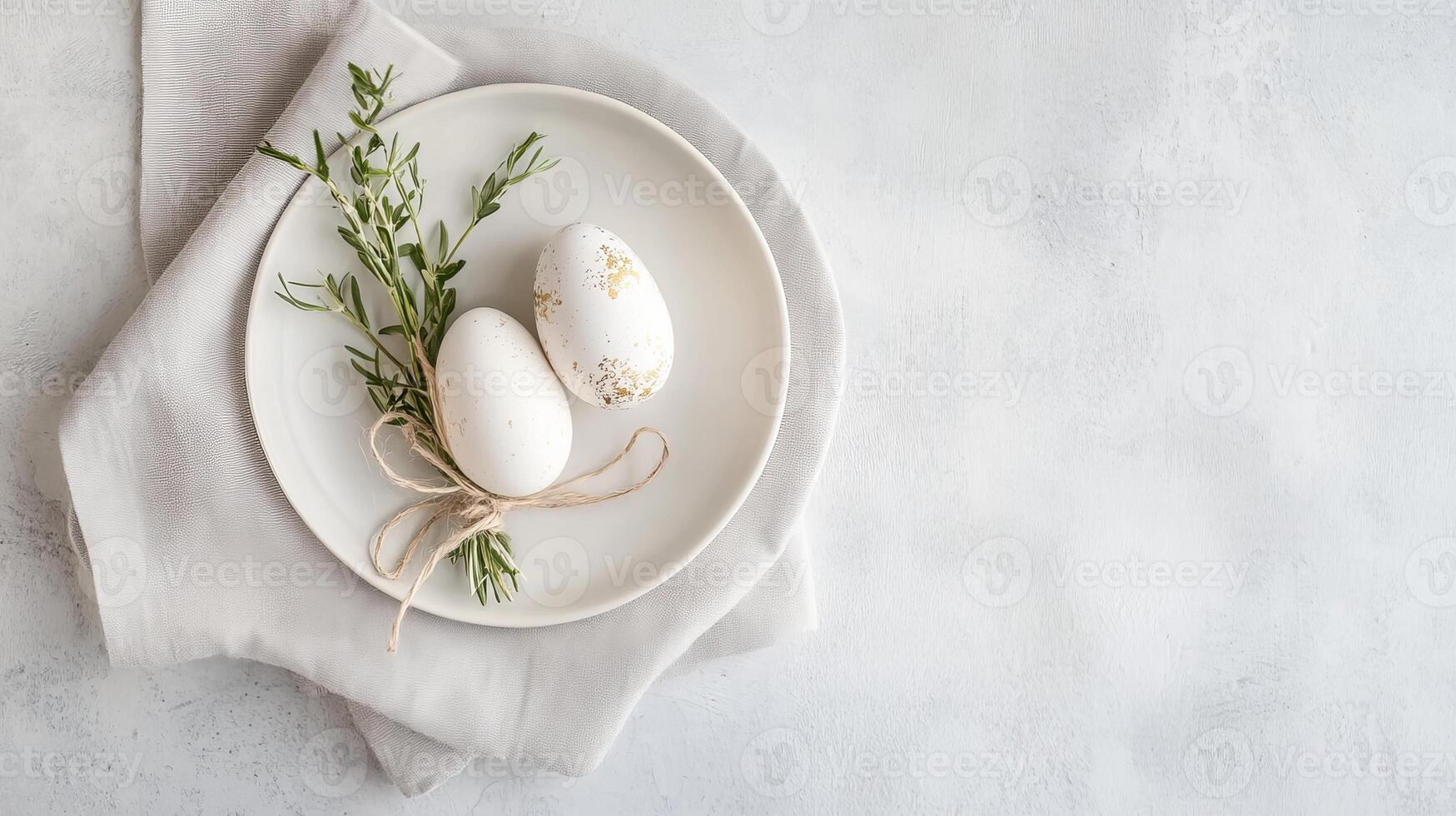 Decorative white eggs on a plate with herbs and a ribbon showcased on a light textured surface photo