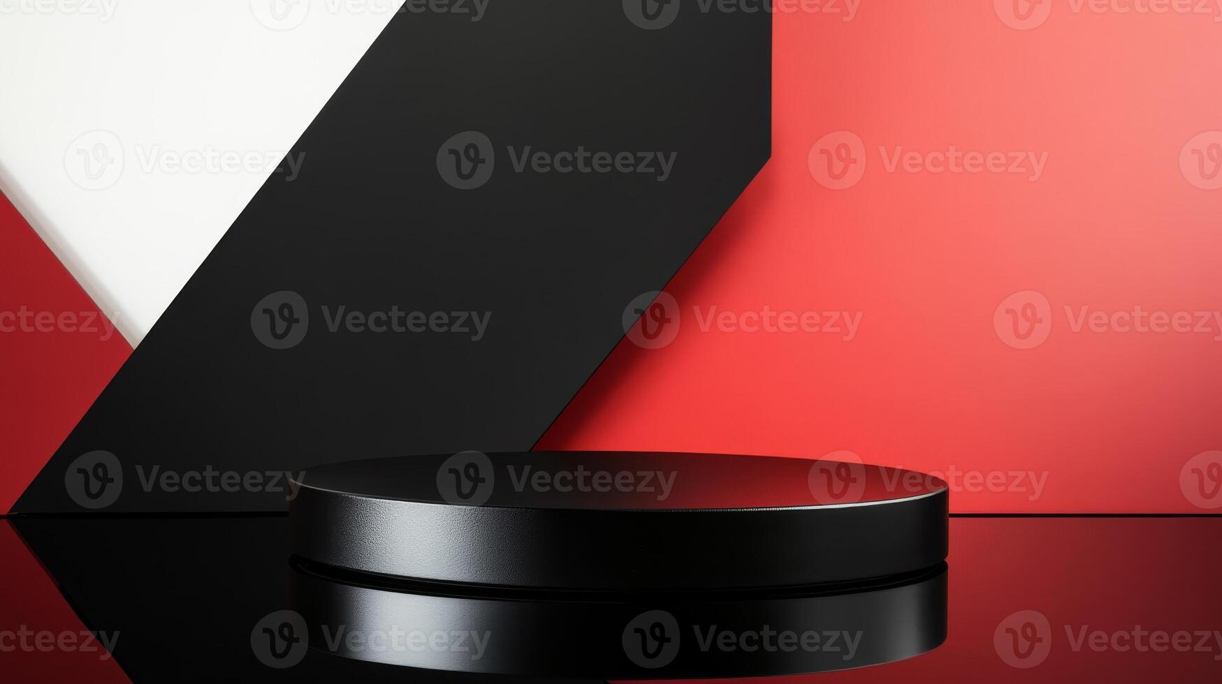 Modern display platform set against a bold geometric background of red, black, and white colors photo