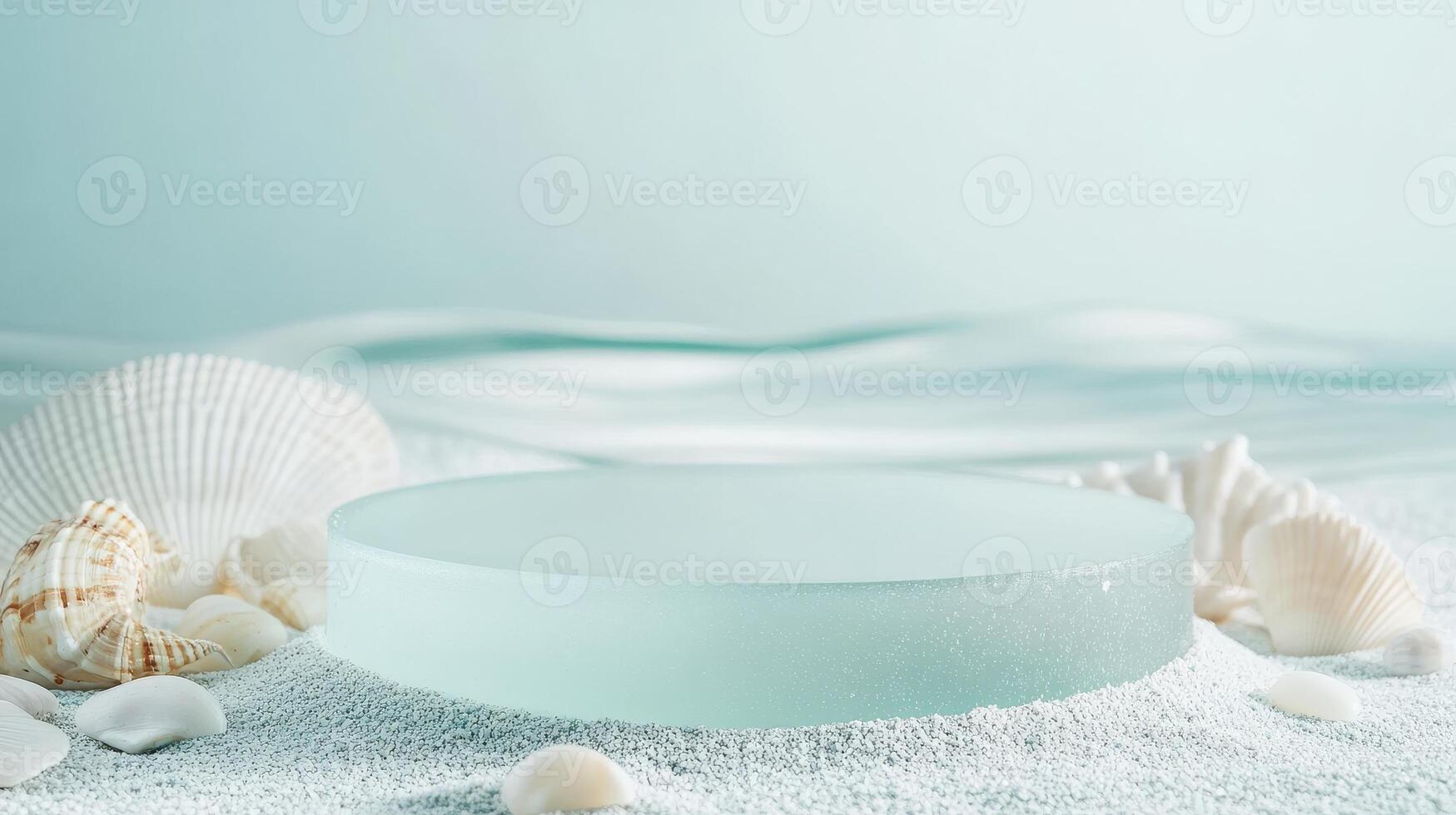 Empty smooth glass podium with a light blue tint, surrounded by various seashells, with gentle waves softly lapping in the background photo
