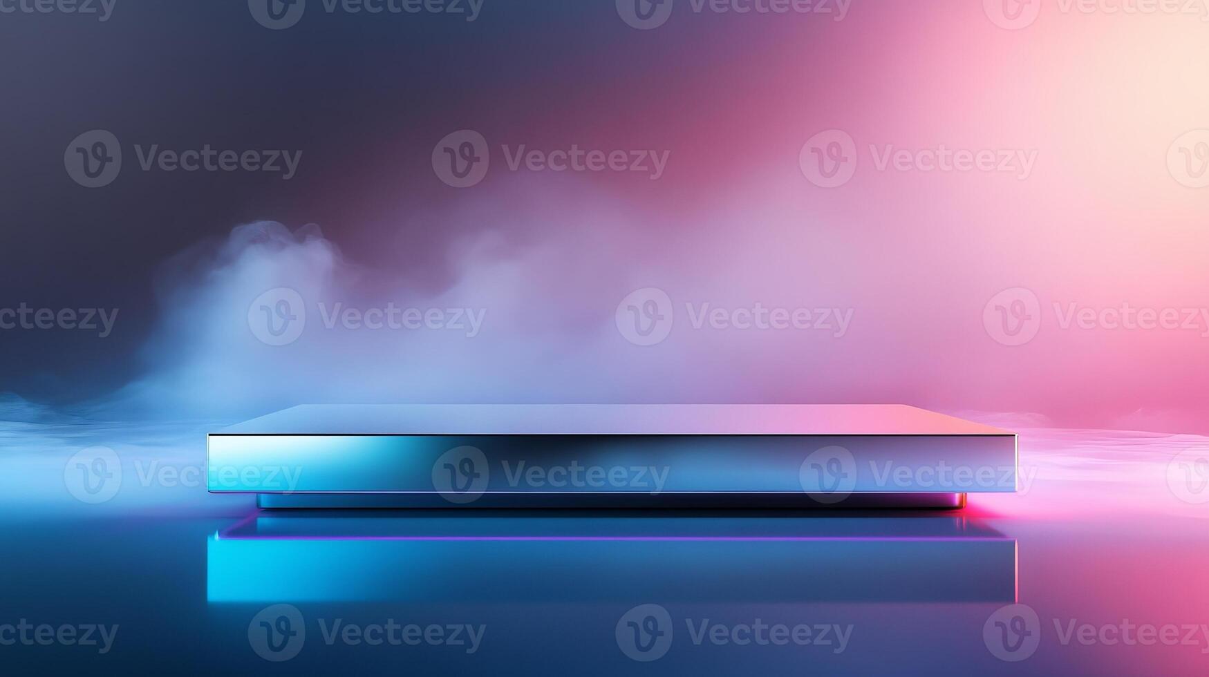 Creative studio setup featuring a sleek platform with dramatic lighting and fog effects in a vibrant atmosphere. Ideal for tech gadgets, modern accessories, or avant-garde campaigns. photo