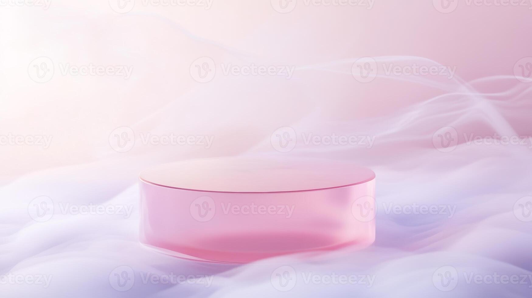 Soft pink display platform surrounded by gentle mist in tranquil lighting photo