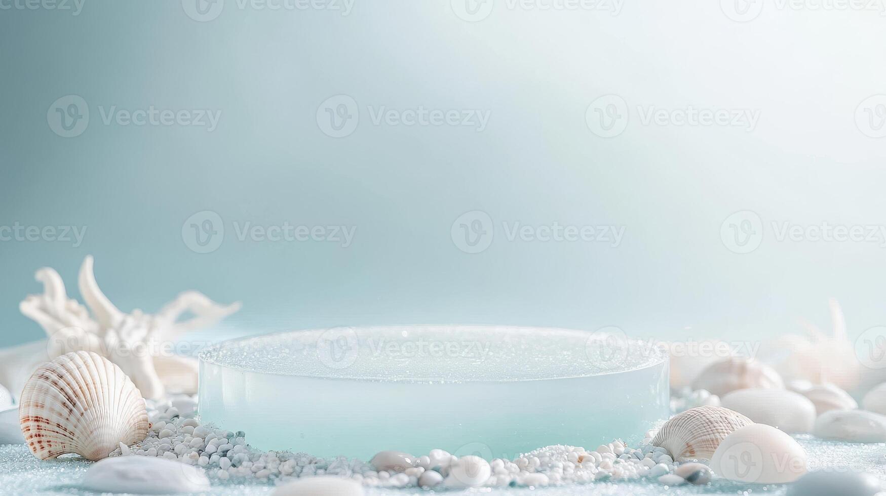 Delicate sea glass surrounded by white shells and pebbles on a soft blue surface at a tranquil beach setting. by various seashells, with gentle waves softly lapping in the background. photo