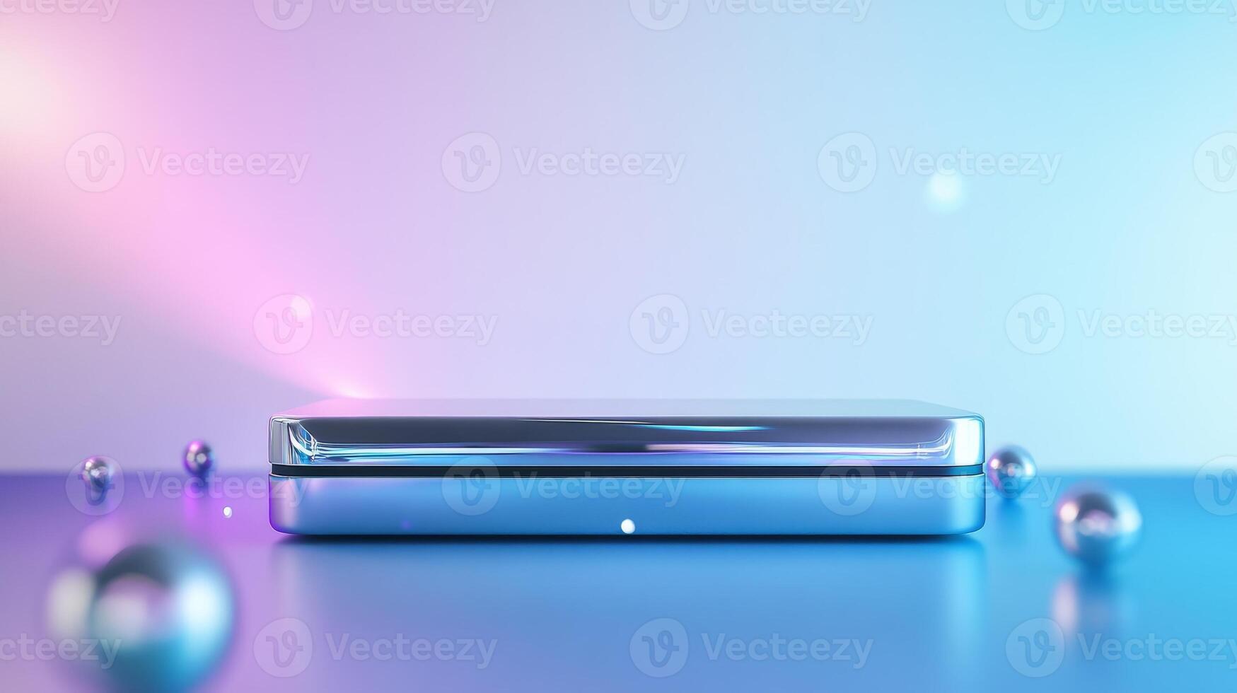 Modern display platform displayed on a surface with soft lighting and reflective ornaments photo