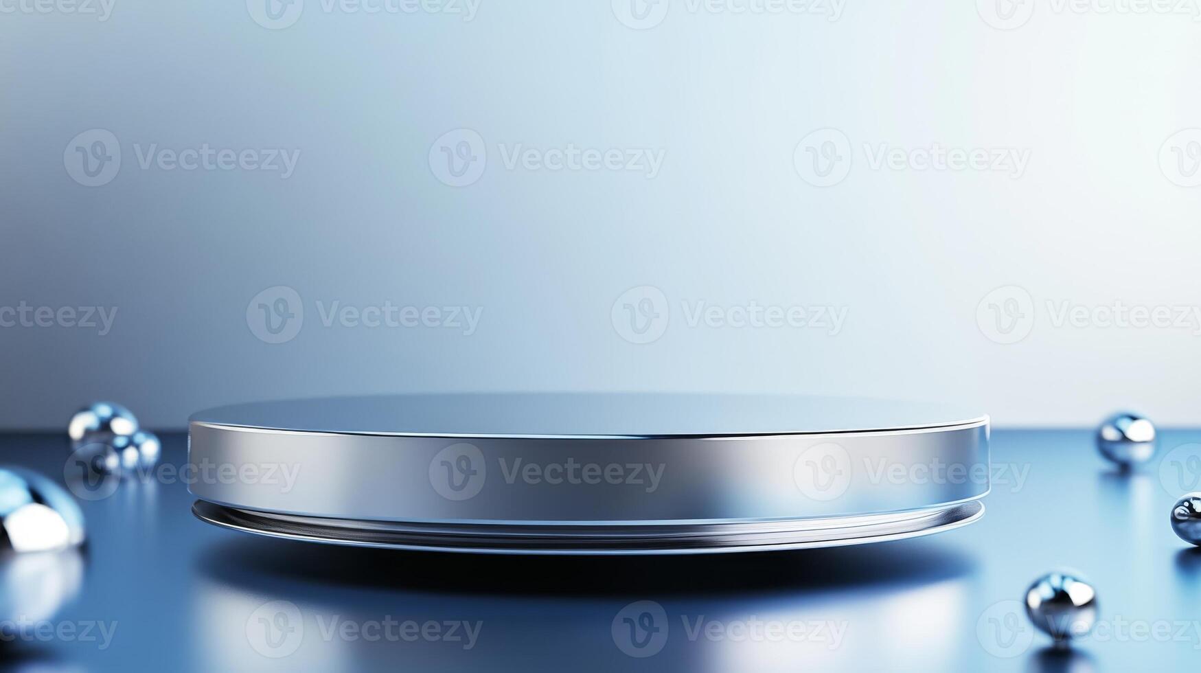 Shiny metallic display platform surrounded by small spheres and soft lighting photo