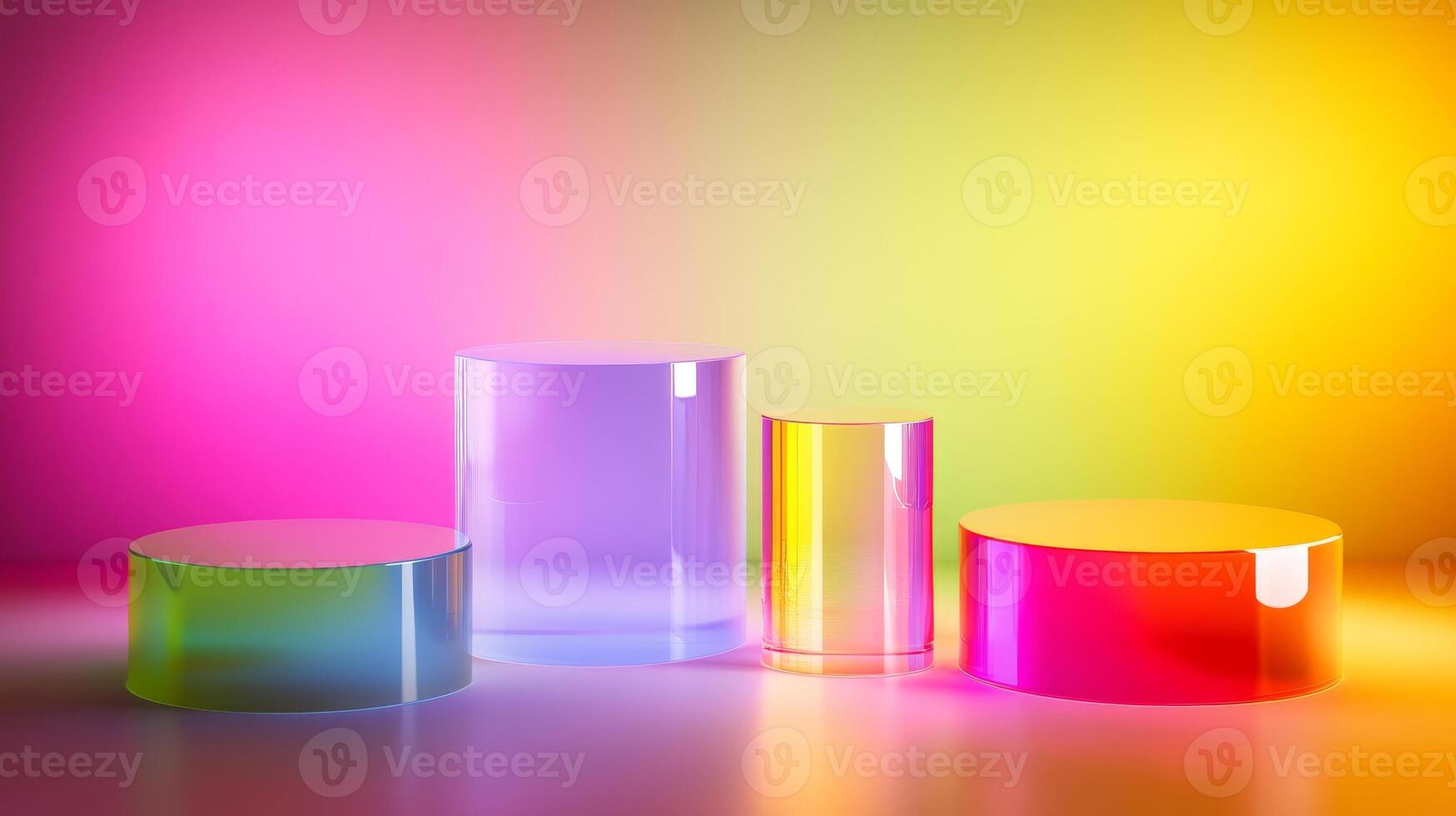Vibrant translucent shapes podiums in diverse colors illuminated by soft lighting effects. Perfect for creative, youthful brands, modern tech gadgets, or bold accessories. photo