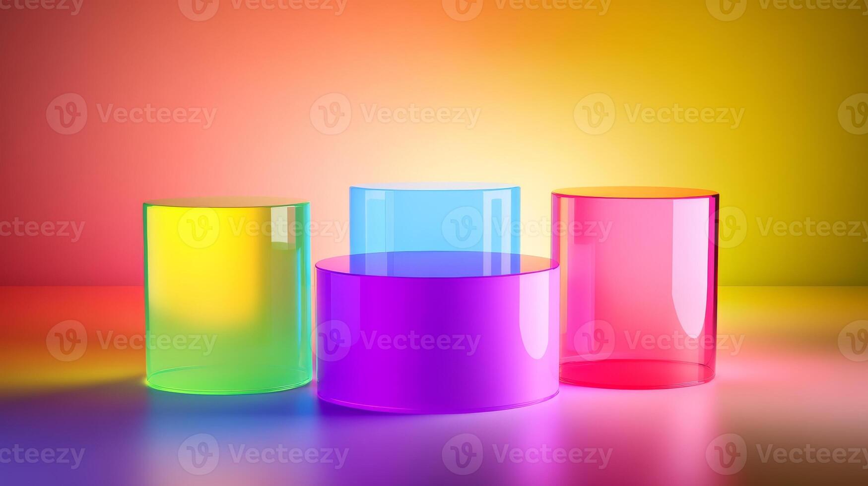 Colorful translucent podiums creating a vibrant display on a smooth surface with a gradient background. Perfect for creative, youthful brands, modern tech gadgets, or bold accessories. photo