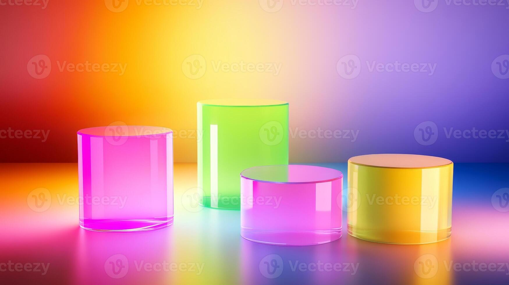 Colorful translucent geometric shapes podiums on a vibrant gradient background create a modern artistic display in a bright studio setting. photo