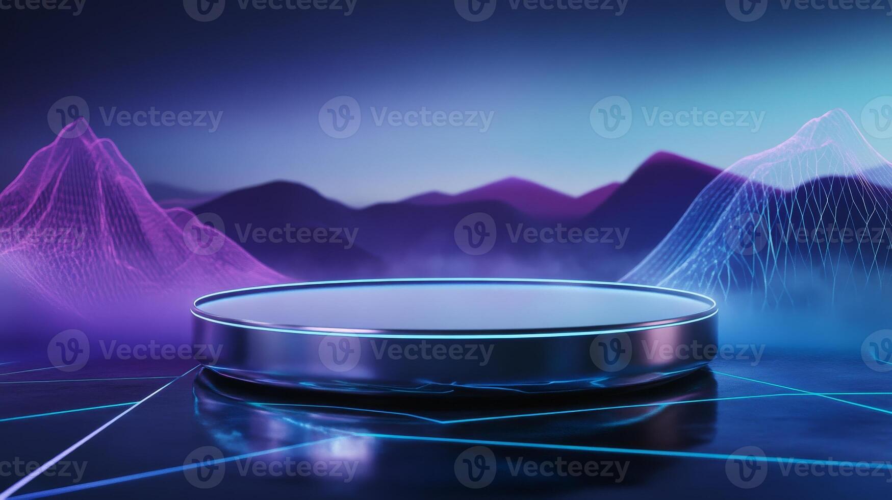 Modern abstract stage design with glowing neon elements in a futuristic landscape at dusk. Ideal for tech gadgets, modern accessories, or avant-garde campaigns. photo