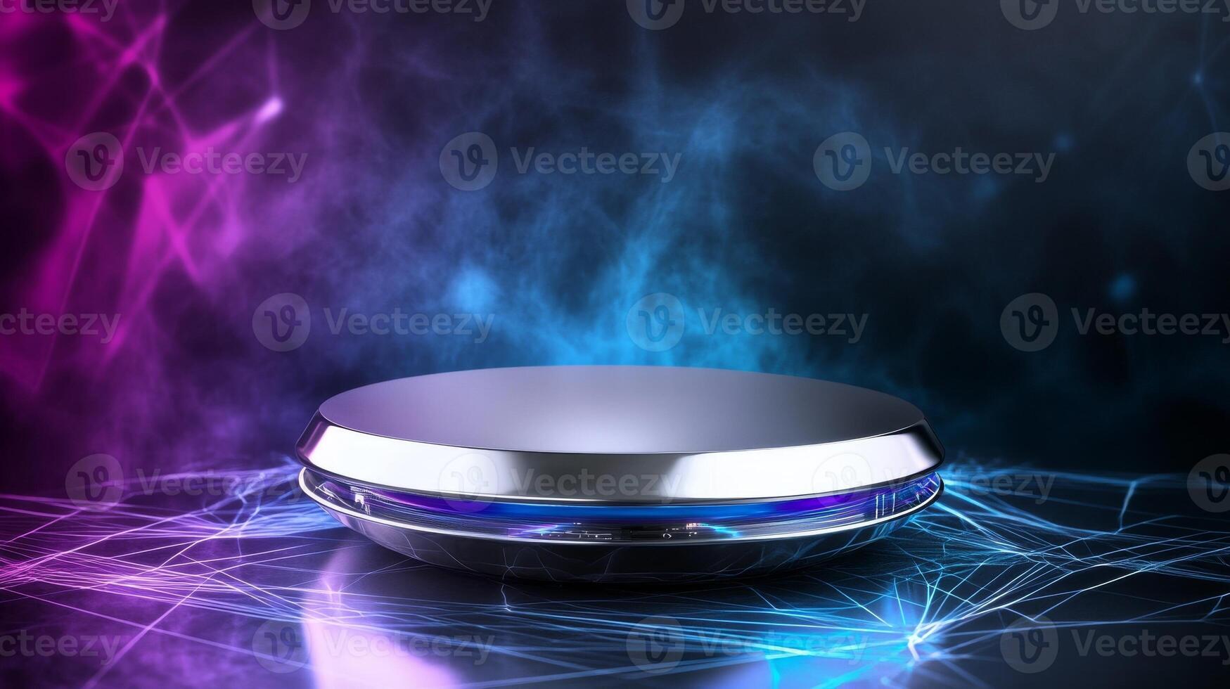 Futuristic platform illuminated with vibrant lights in a digital environment. Ideal for tech gadgets, modern accessories, or avant-garde campaigns. photo