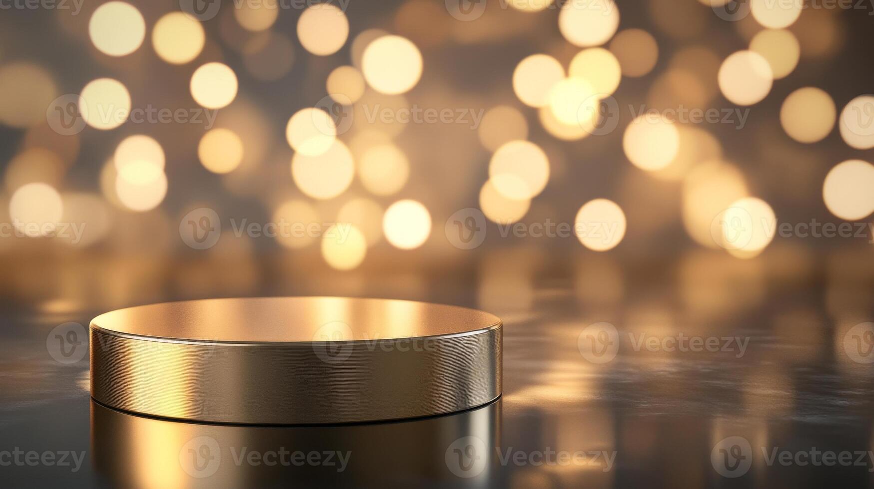 Gold platform with blurred lights in the background creates an elegant display for products or awards photo