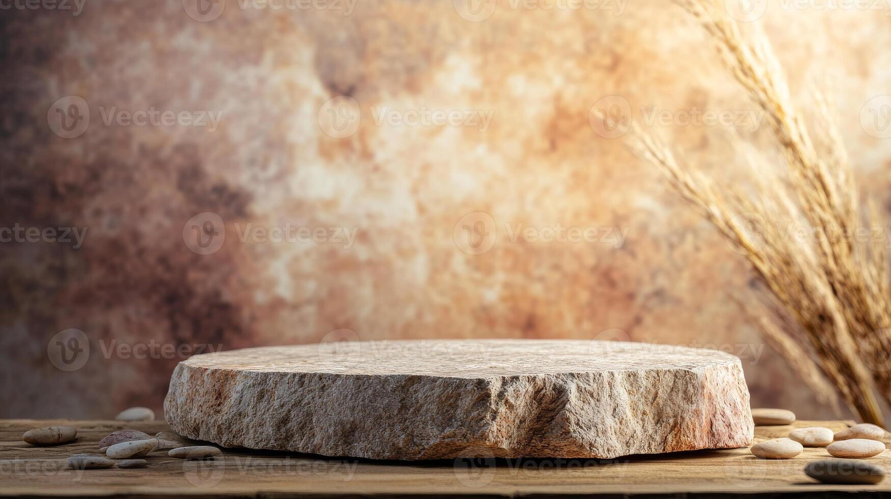 Display of a round stone on a wooden surface with a blurred background and decorative elements in a natural setting photo