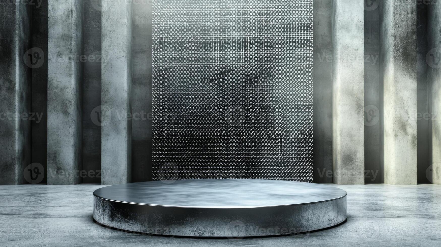 Modern studio backdrop featuring a circular platform with a textured metal wall in an artistic industrial design. Perfect for showcasing minimalist furniture, tech gadgets, or modern home goods. photo