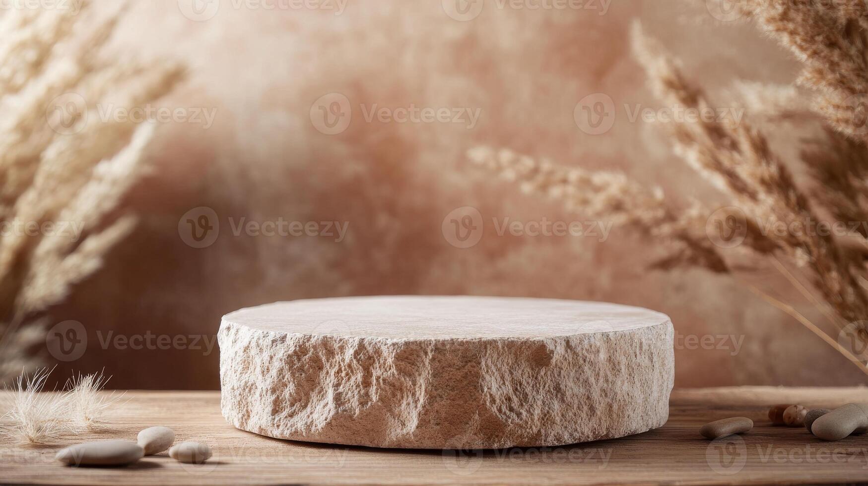 Natural stone surface with dried plants and soft lighting in a neutral setting for artistic displays. Ideal for eco-friendly or artisanal product presentation. photo