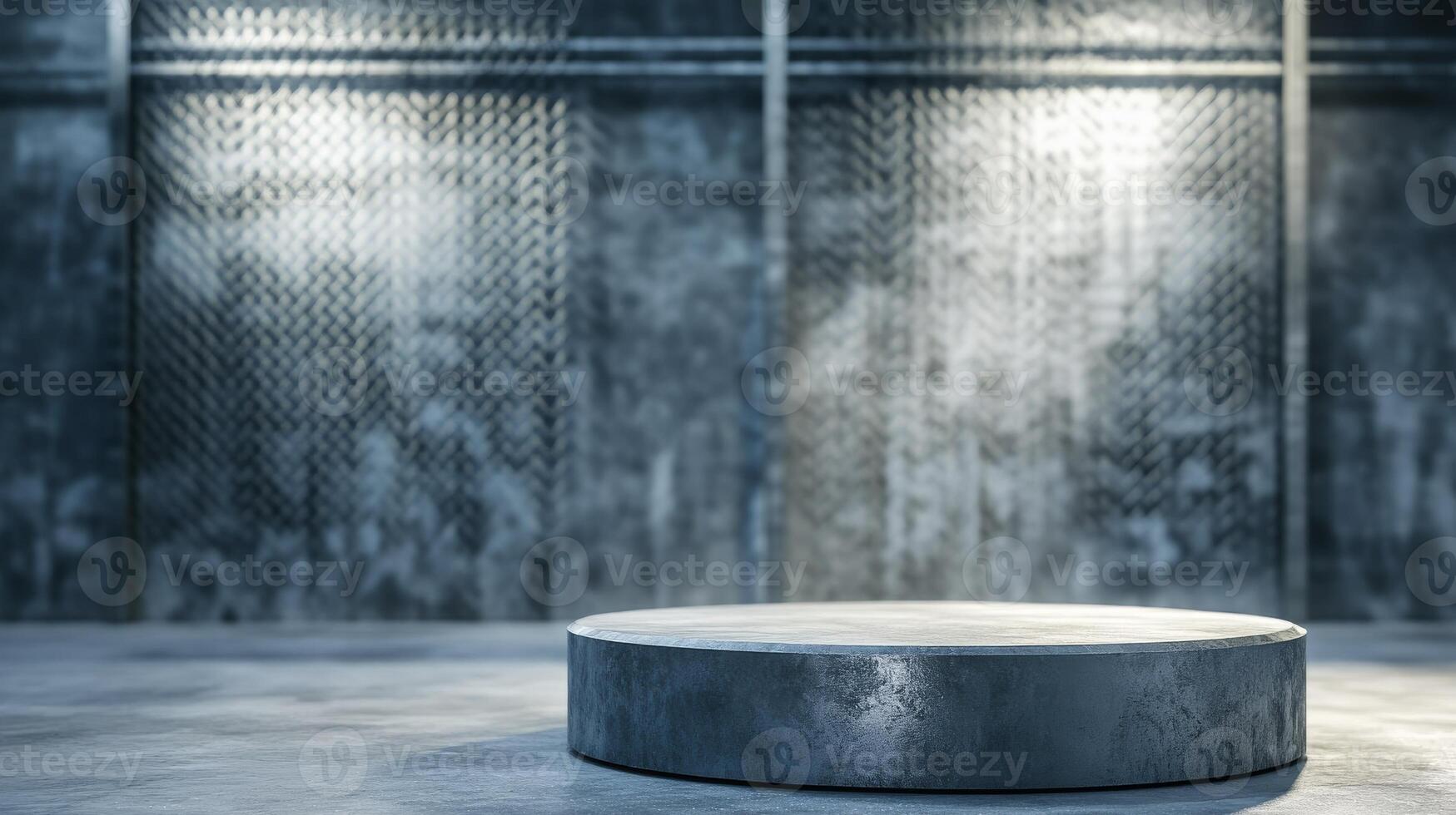 Modern circular platform with industrial backdrop illuminated by overhead lights. Perfect for showcasing minimalist furniture, tech gadgets, or modern home goods. photo