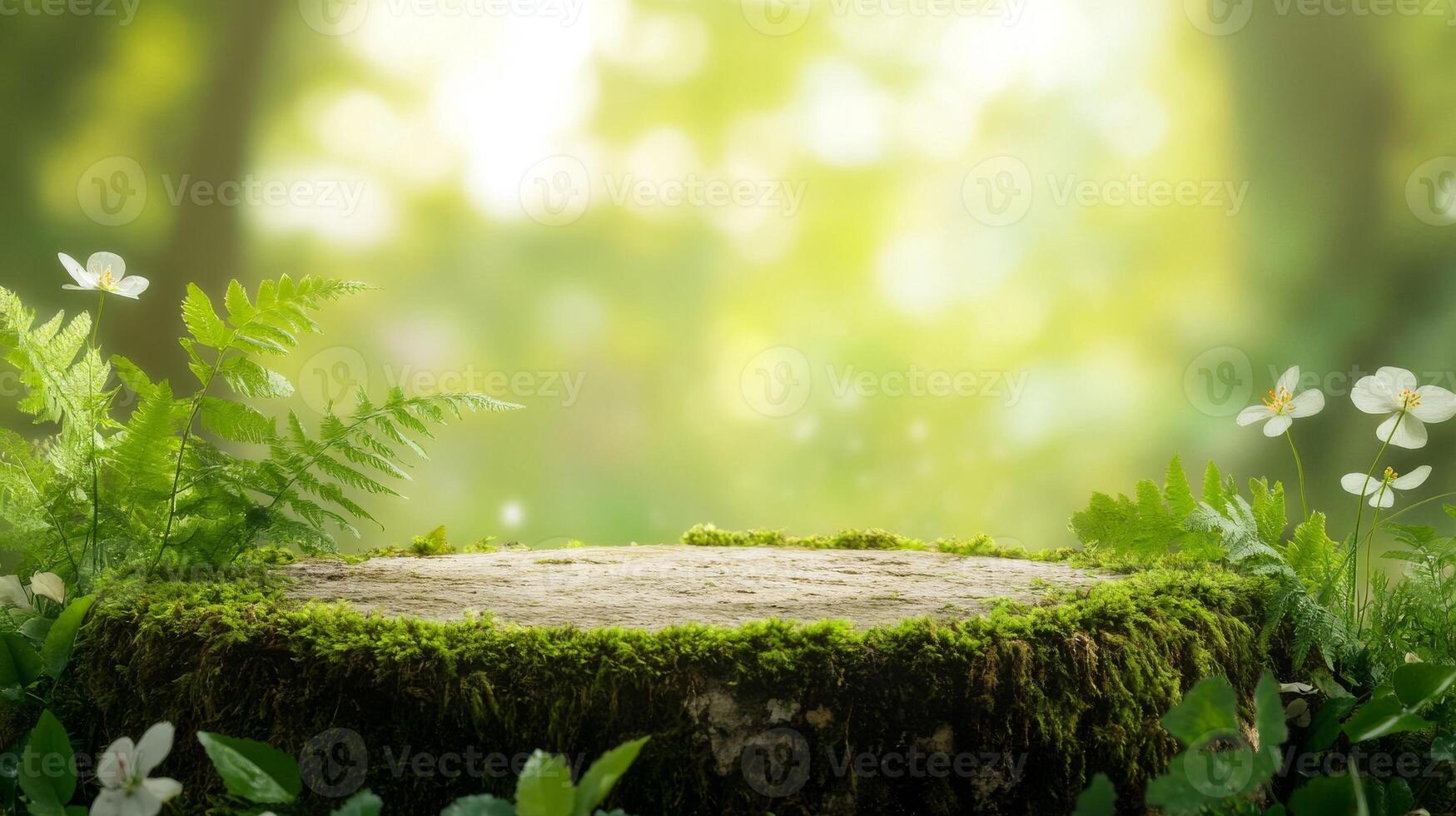 Tranquil forest setting featuring a moss-covered tree stump surrounded by lush greenery and delicate flowers photo