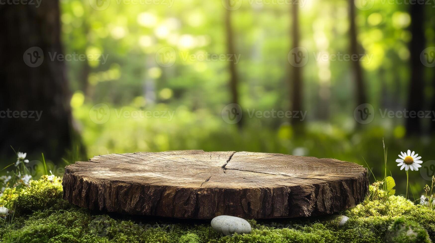 Wooden stump surrounded by green foliage and wildflowers in a serene forest setting during daylight hours photo