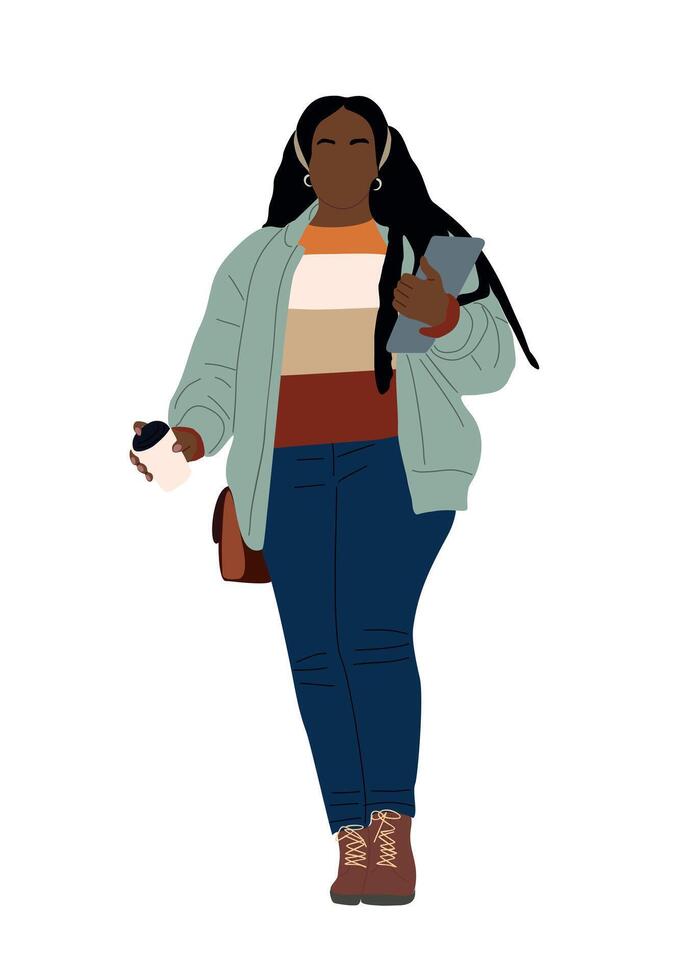 Black curvy girl student isolated on white. vector