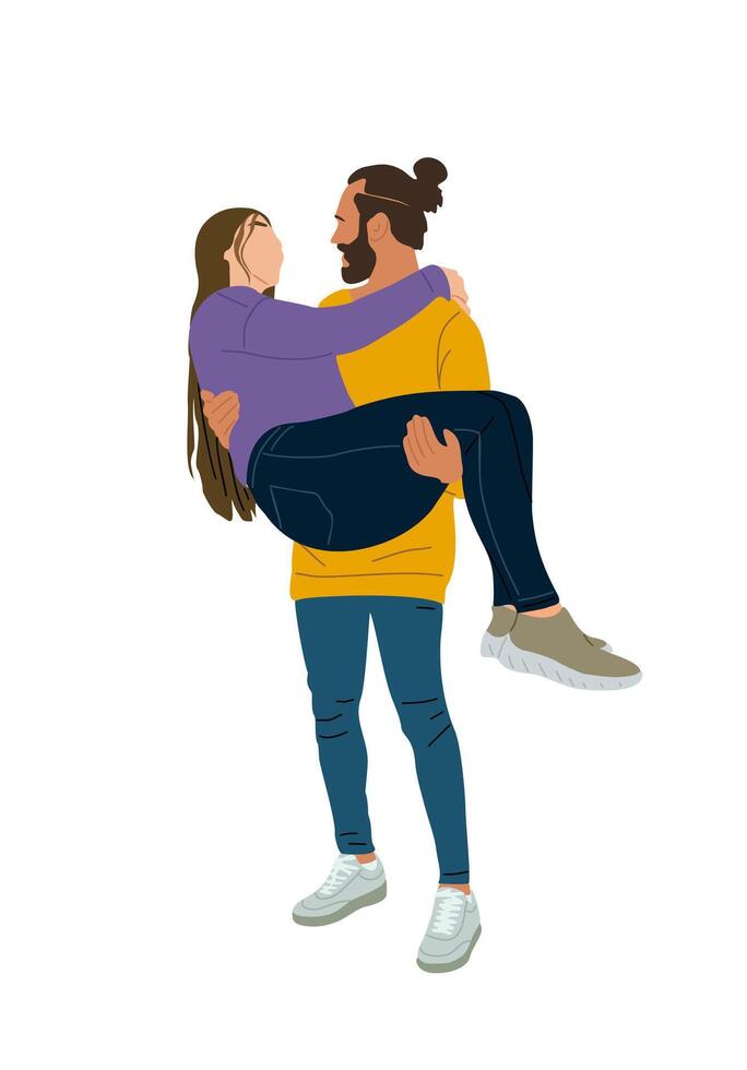 Young man holds his girlfriend or wife in arms. vector