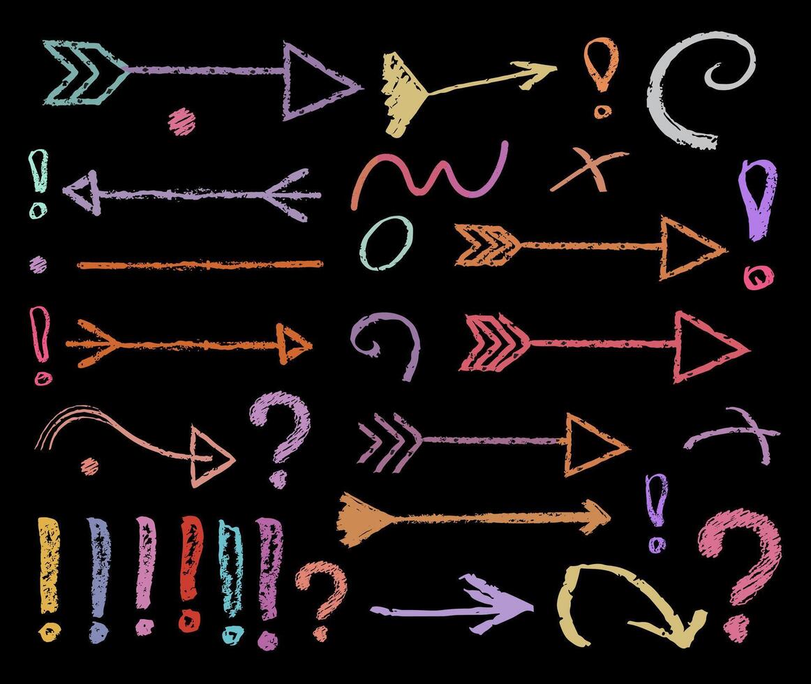 Set of Hand drawn colorful chalk arrows . vector