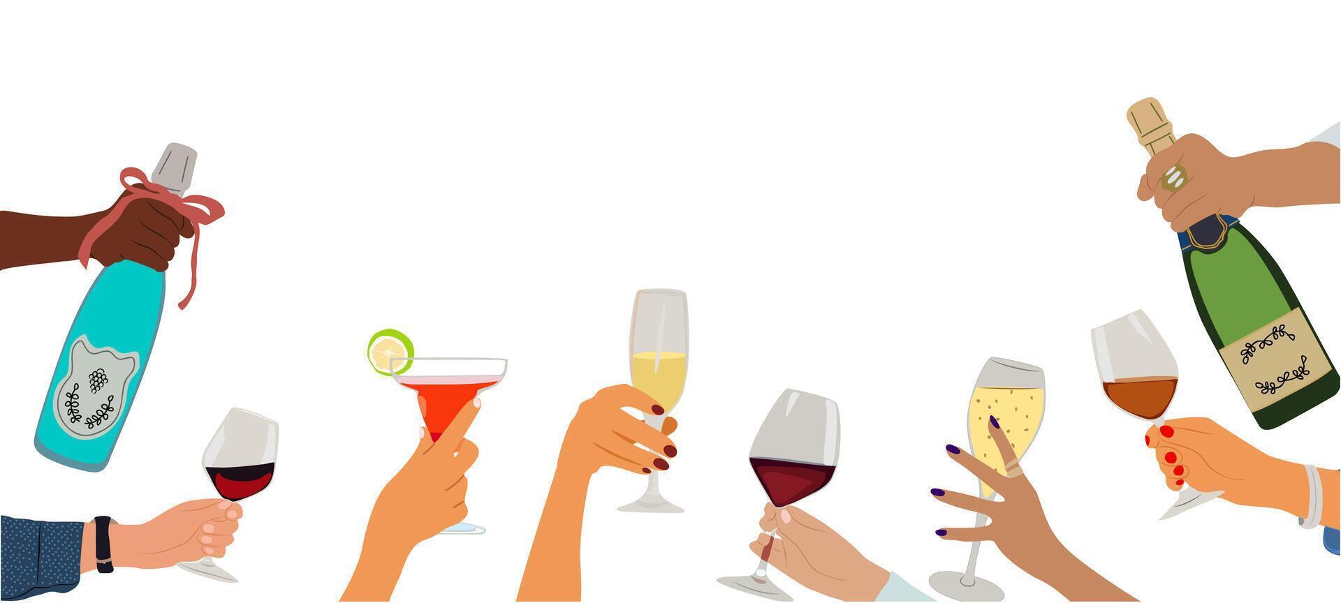 Different hands holding glasses with drinks vector