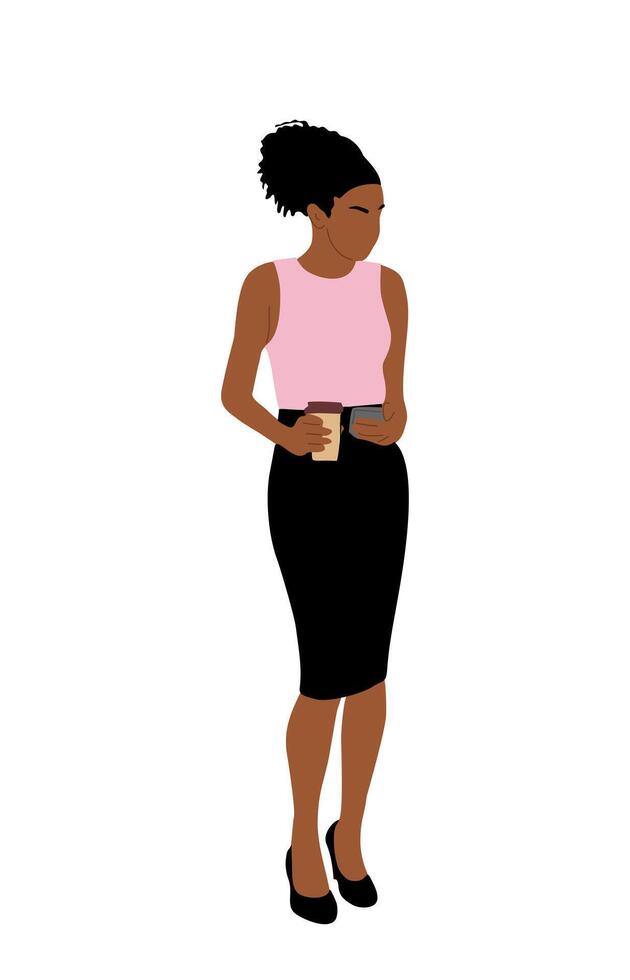 Young Black Woman standing with phone and coffee. vector