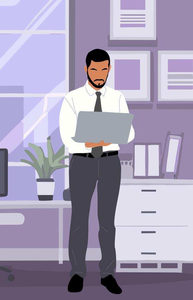 Business man standing in office holding laptop. vector