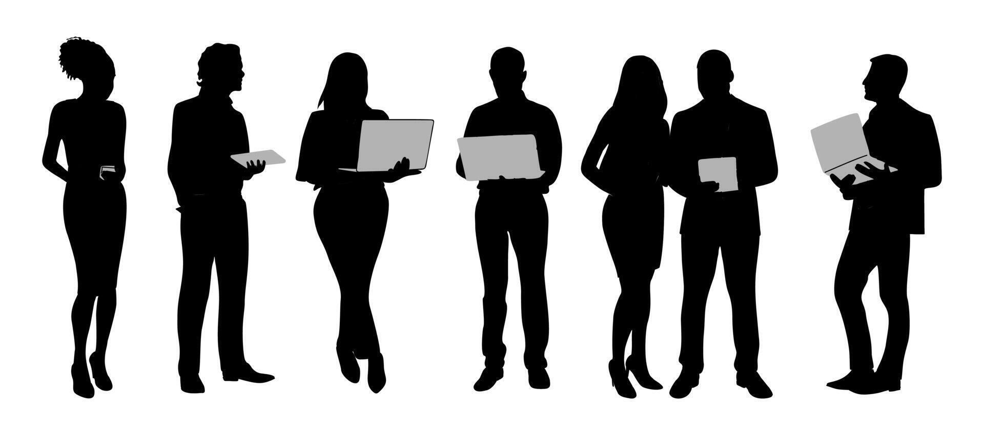 Silhouette of business people standing with laptop vector