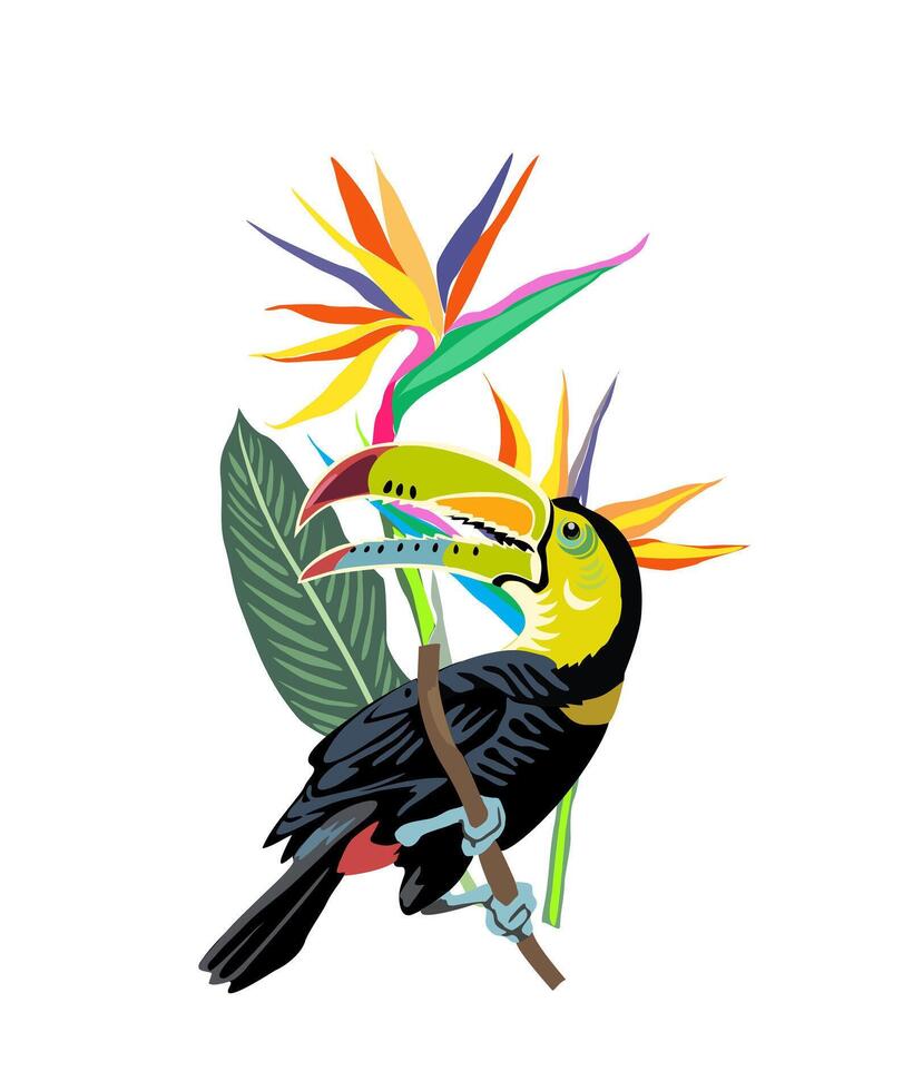 Tropical composition with exotic leaves and toucan vector