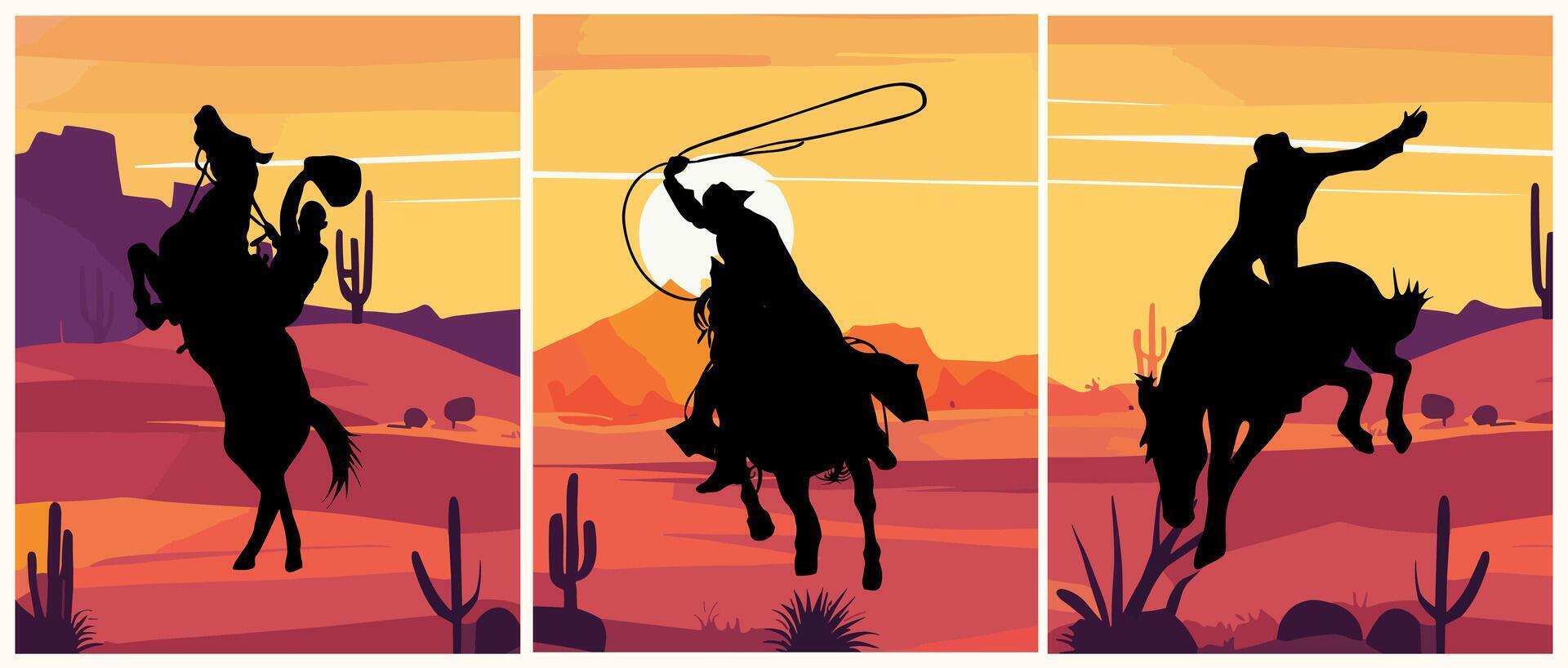Set of silhouettes of cowboy riding horse . vector