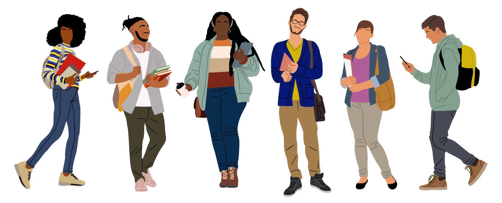 Set of multiracial students art isolated. vector
