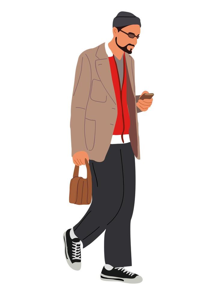 Street fashion men. Stylish guy walking, wearing trendy vintage outfit . vector