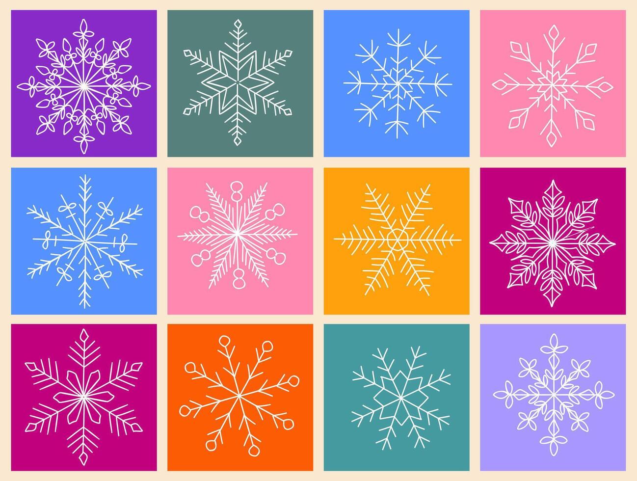 Set of various snowflakes on colorful backgrounds. vector