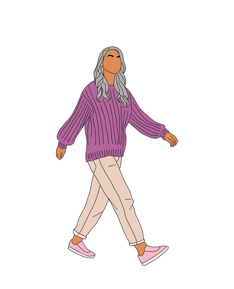 Senior woman walking side view isolated. vector