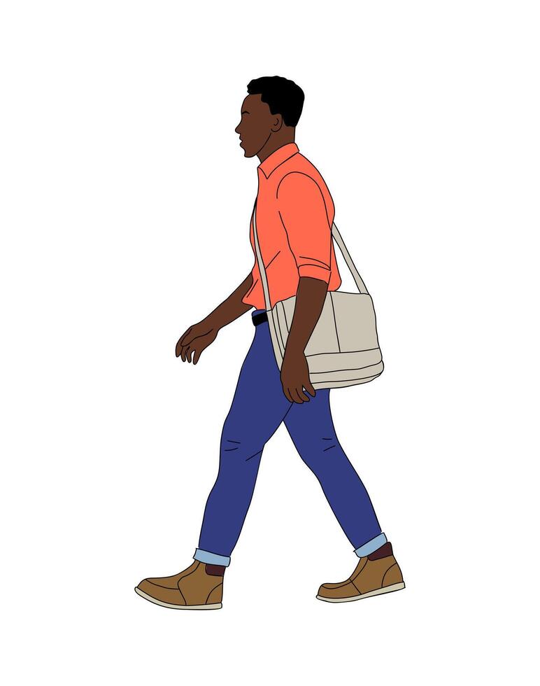 Young black man walking side view isolated. vector