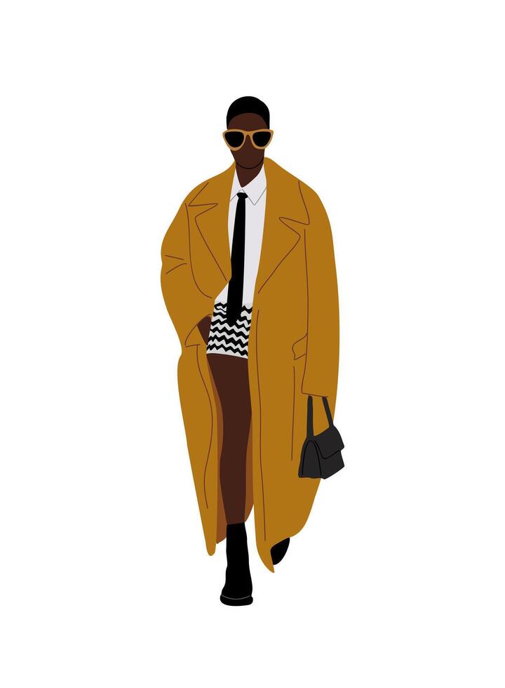 Modern black woman in coat walking isolated vector