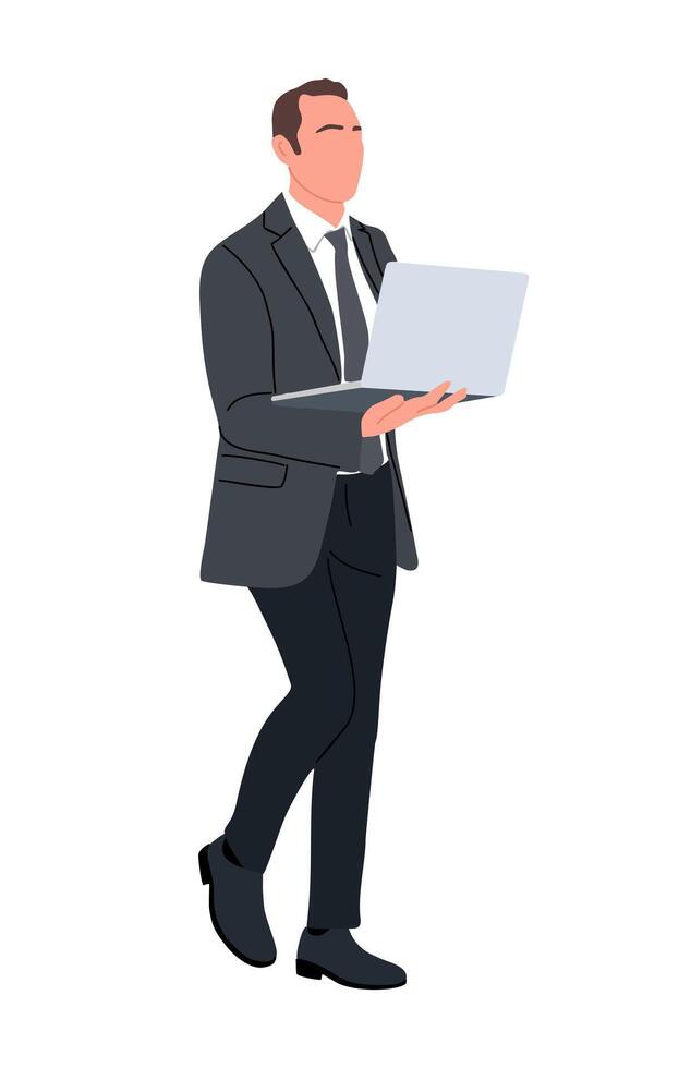 Business man character walking and holding laptop. vector