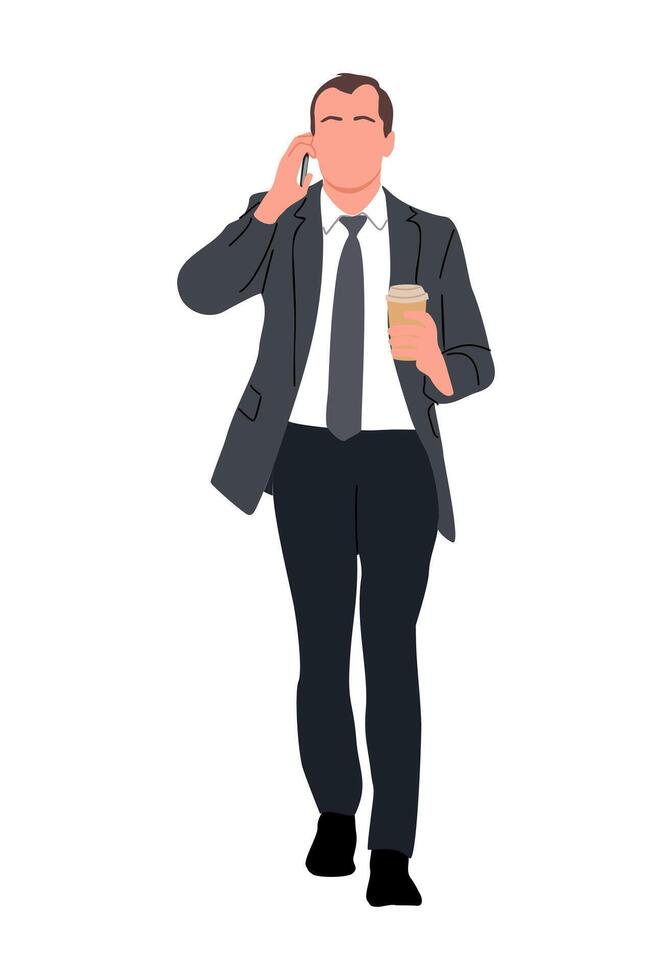 Business man character with phone and coffee. vector