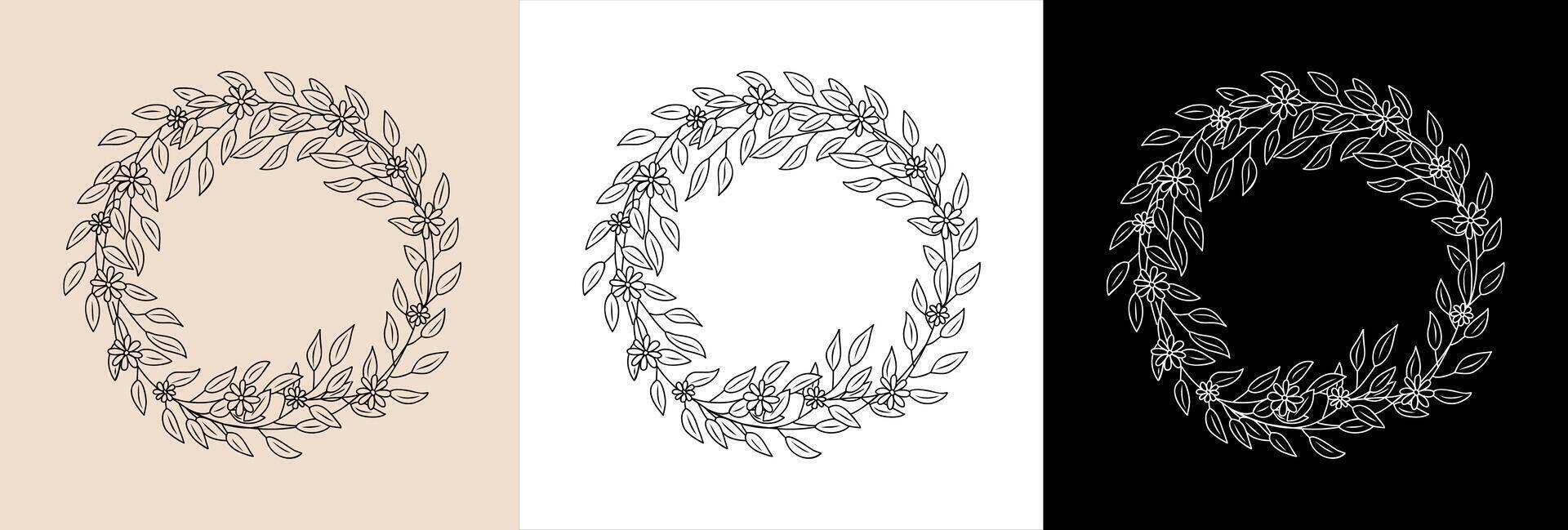Hand drawn botanical wreath line art set. vector