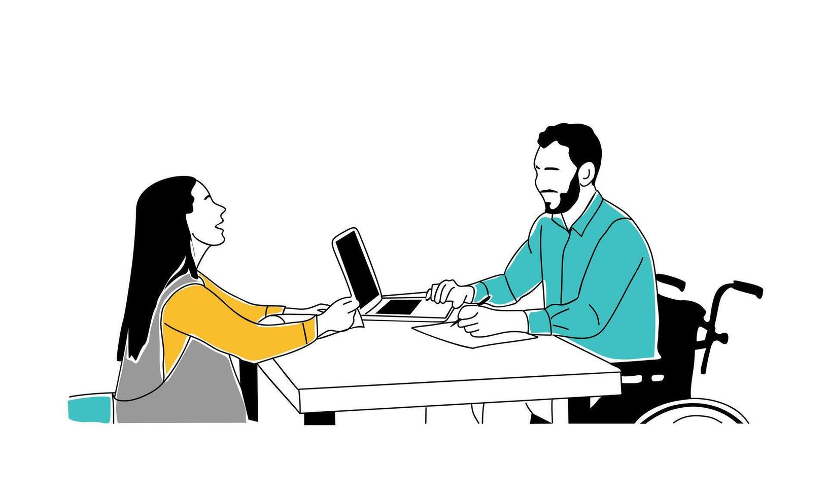 Inclusive business concept line art scene. vector