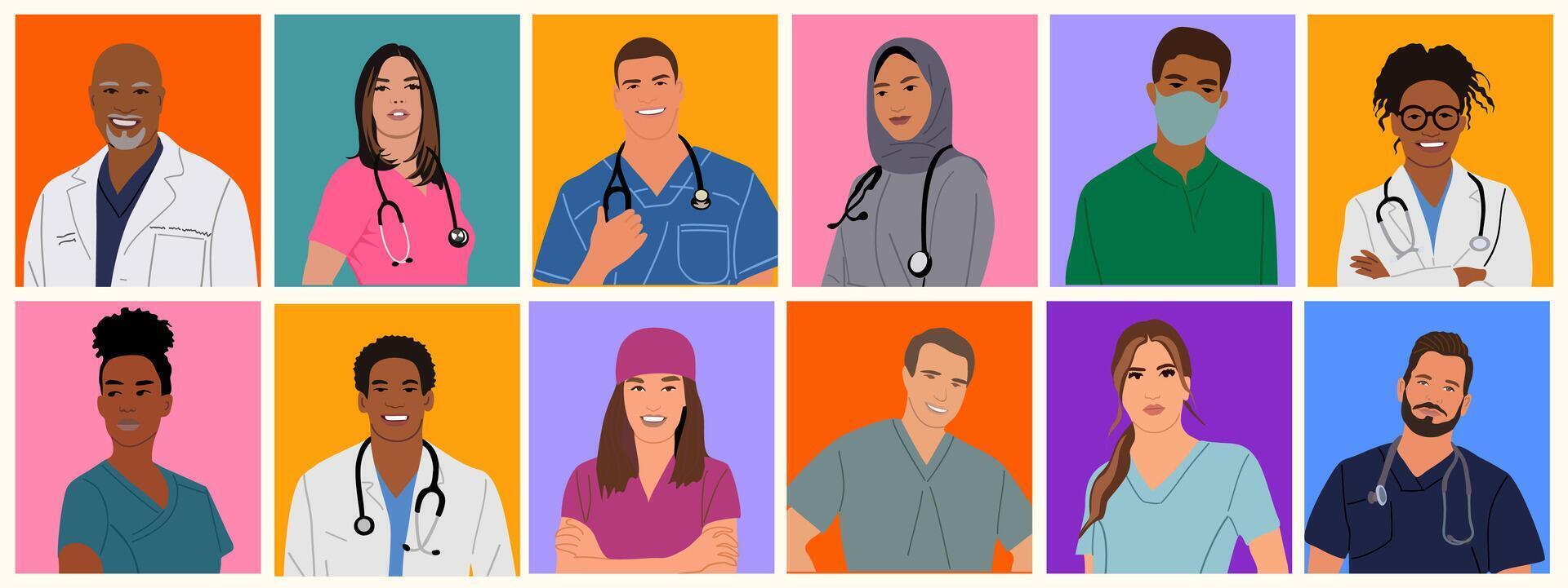 Diverse doctor, nurses avatars colorful art vector